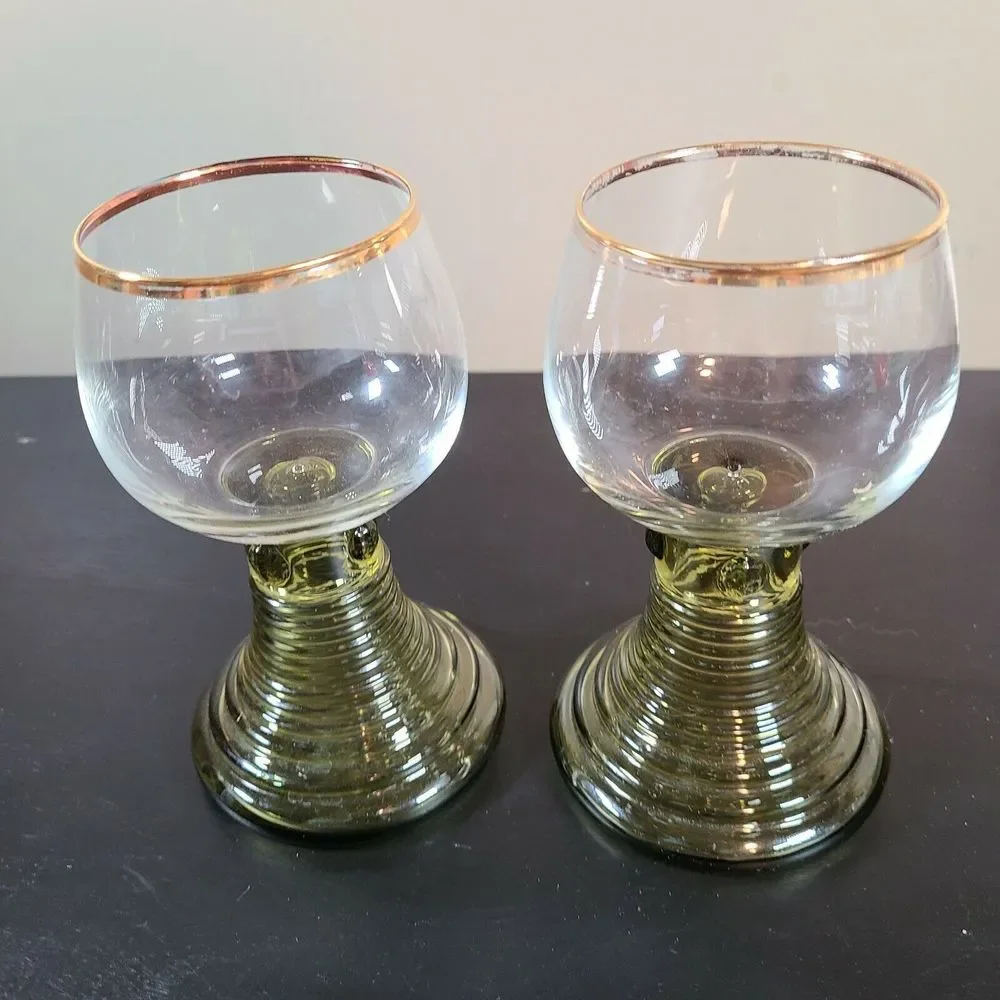 Bohemian Style Glass Goblets Handblown Beehive Base Green Gold Trim